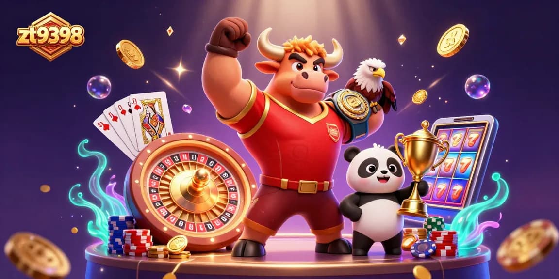Engage in thrilling casino fun with zt9398 featuring a bull mascot, eagle, and panda amidst a dynamic 3D gaming scene.