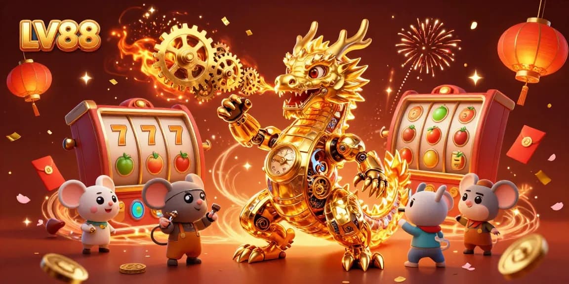 Experience the thrilling atmosphere at LV88 with dynamic slot reels and a golden dragon in 3D.