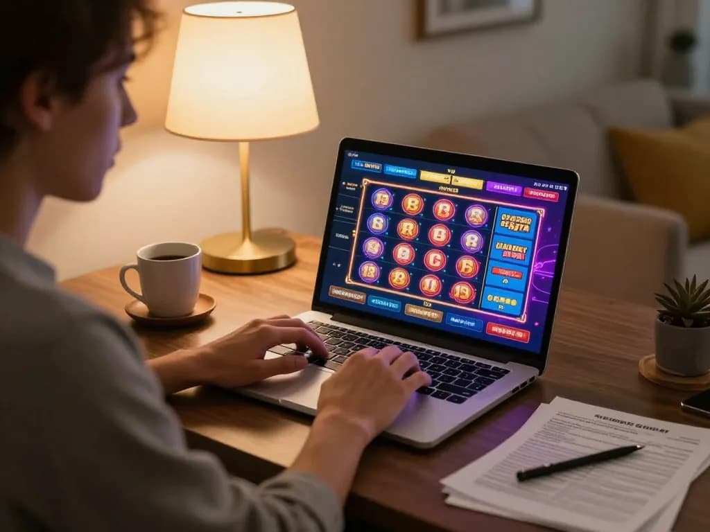 KONG88 player engaging in strategic online gaming session at home, showcasing casino interface and responsible betting atmosphere.