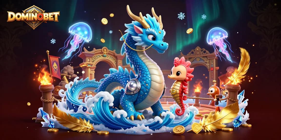 Immerse in DOMINOBET’s vibrant casino adventure with an azure dragon and seahorse knight.