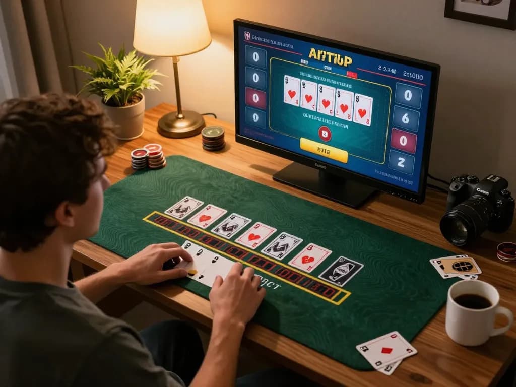 Player strategizing in an online blackjack game at home with nk88, showcasing a focused gaming atmosphere.