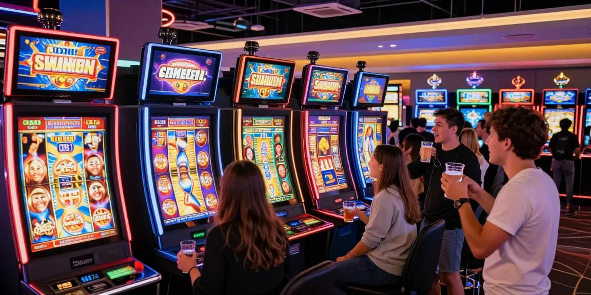 Pengalaman seru bermain di link slot gacor, suasana kasino dengan mesin slot yang berwarna-warni.