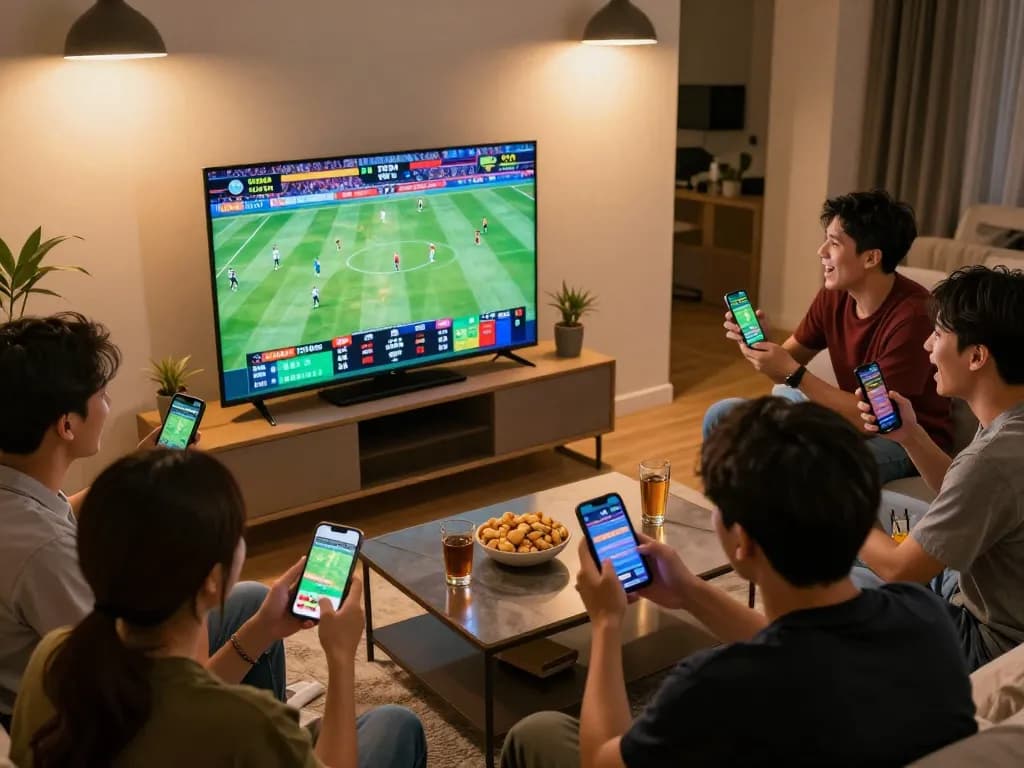 Cheerful friends engaging in trang casino sports betting via smartphone during a live game