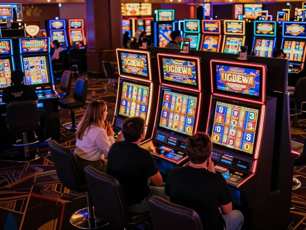 Players engaging with UGDEWA slots, celebrating wins in a vibrant casino setting with colorful lights.