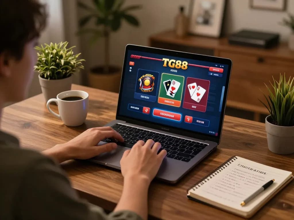 Playing TG88 casino games on a laptop in a cozy gaming setup