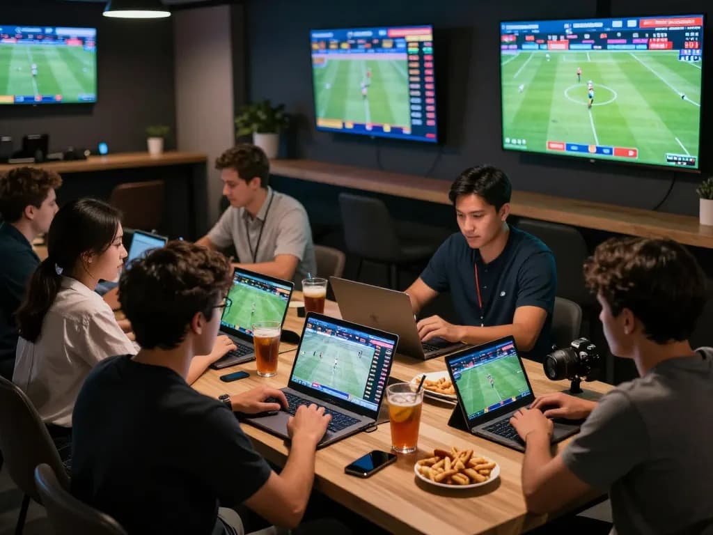 Engaged bettors at smartcityhostels using tablets for live sports betting excitement, showcasing vibrant atmosphere.