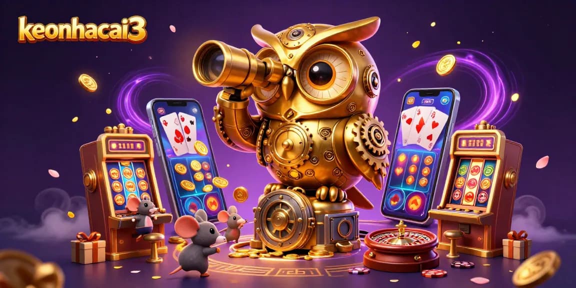 Discover keonhacai3's dynamic casino scene with a clockwork owl and energetic mice patrons.