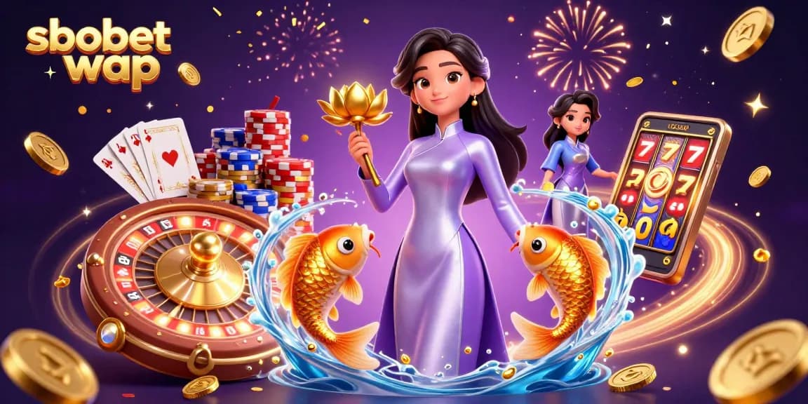 Engage in thrilling sbobet wap mobile betting with a captivating 3D casino illustration featuring an Asian woman and vibrant gaming elements.
