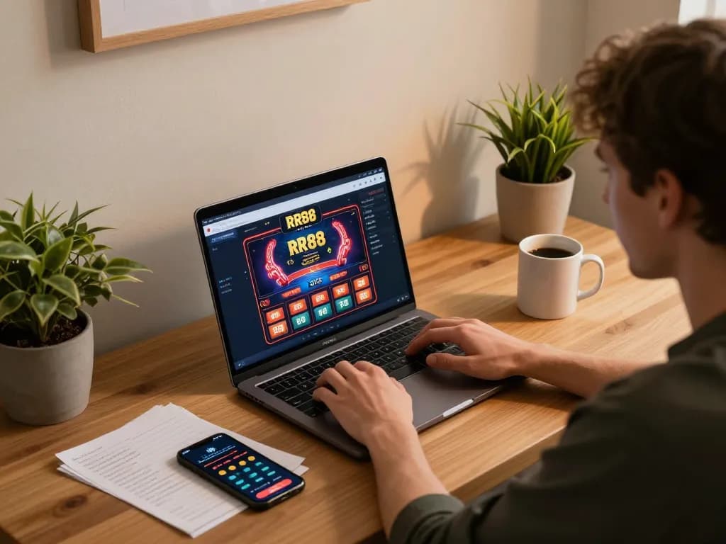 Player engaging with the RR88 casino platform on laptop, showcasing a personalized gaming experience