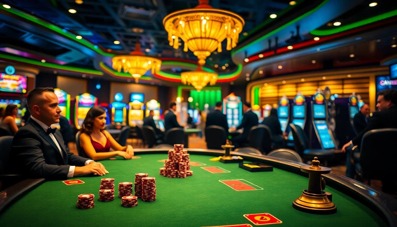 Menangkan togel389 dengan bermain di meja poker yang dikelilingi suasana kasino yang ramai.