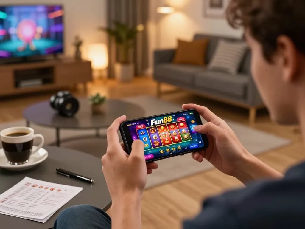 Person engaging with Fun88 app on smartphone for exciting online casino gaming experience