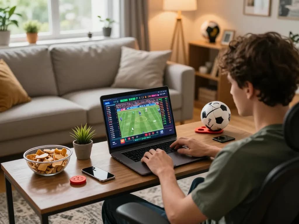 Engaging scene of a player using nhà cái 8xbet for online sports betting on a laptop at home, showcasing live odds and sports.