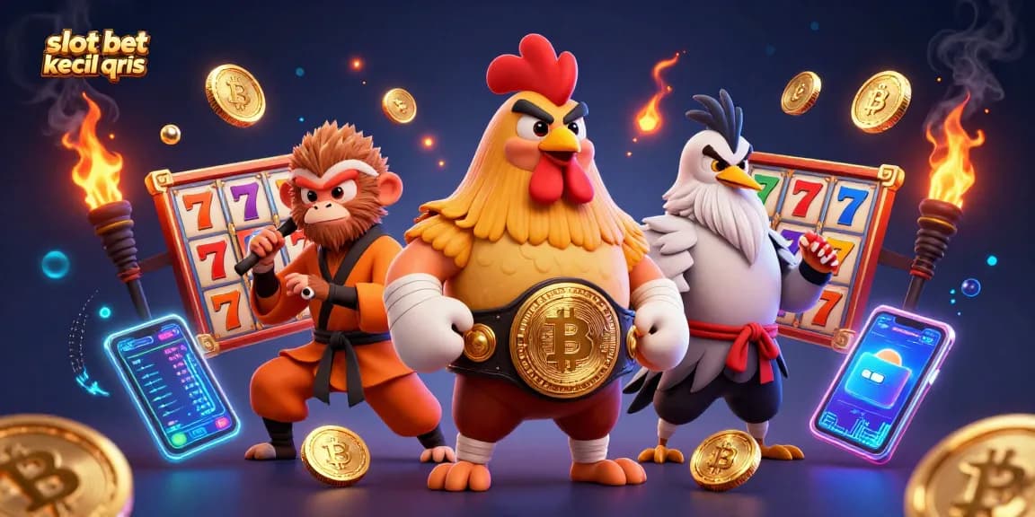 Play slot bet kecil qris with low stakes and fast withdrawals, featuring colorful 3D characters and casino elements.