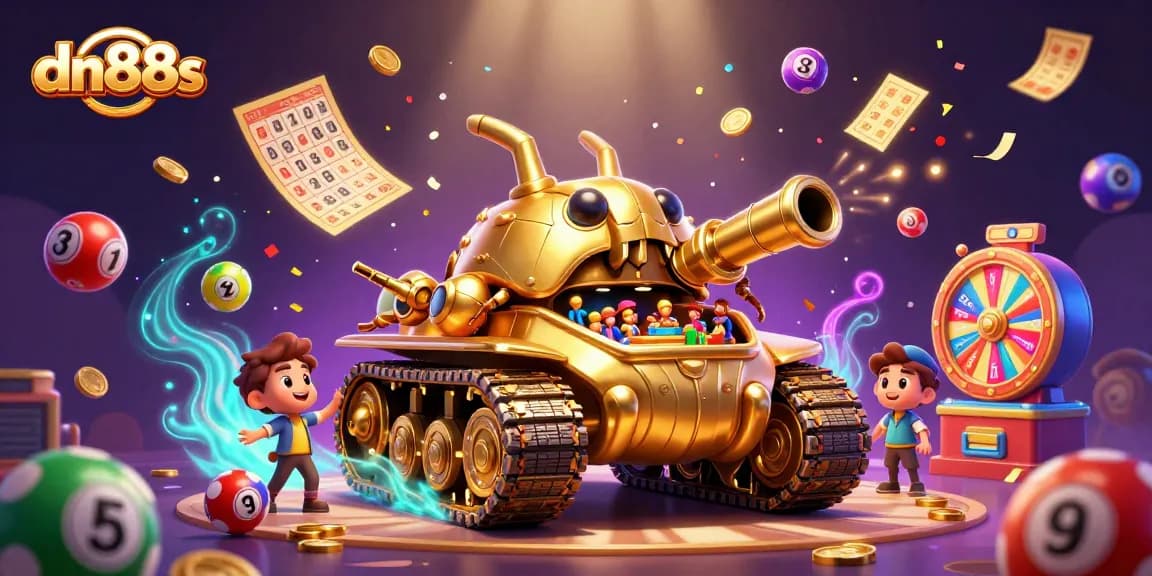 Experience exciting gameplay at dn88s with a vibrant casino scene featuring dynamic lottery balls, confetti, and gold tickets.