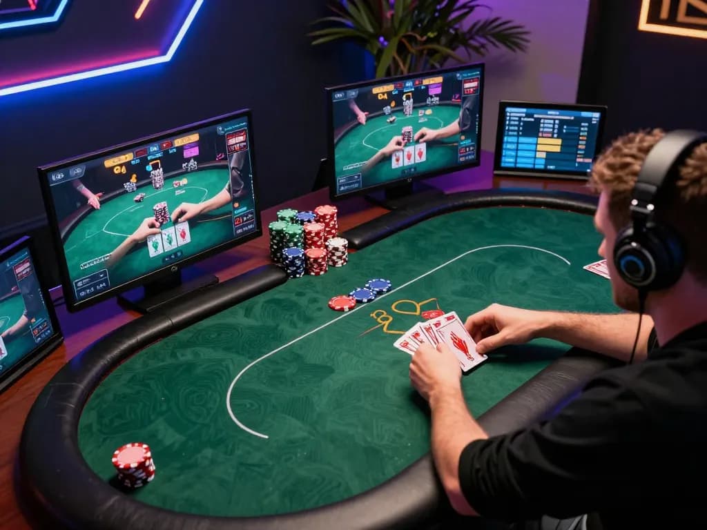 Play poker strategically with kp88 in a stylish online gaming setup featuring multiple screens and engaging atmosphere
