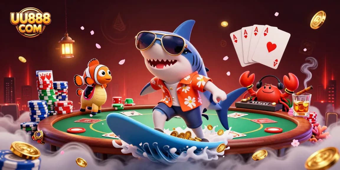 Surf thrilling experiences at UU888 COM with a shark riding gold coins and poker tables.