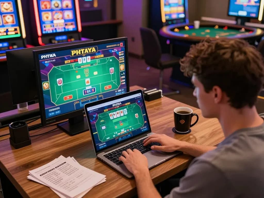 PHTAYA user engaged in online gambling with vibrant slots and live dealer tables visible on laptop screen.