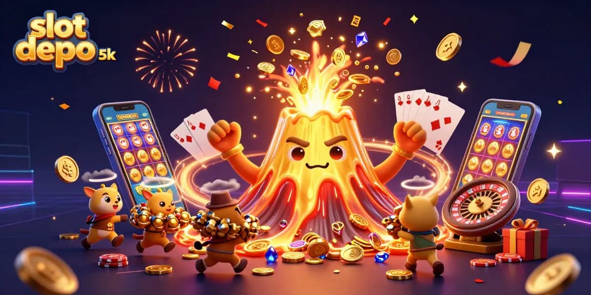 Experience slot depo 5k excitement with vibrant volcano animation and casino elements!