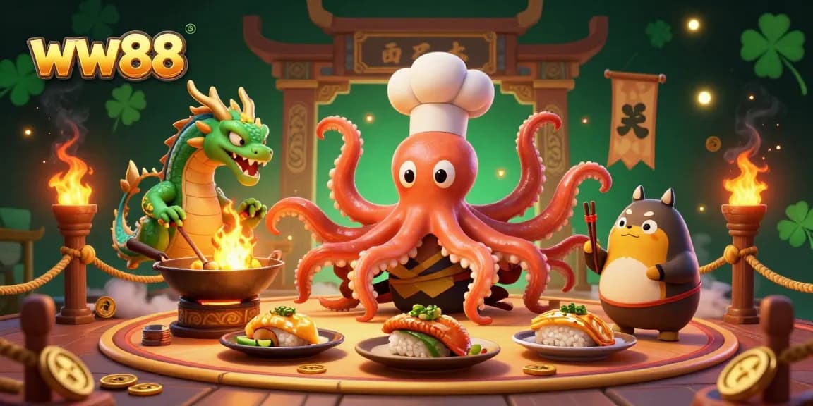 Engage with the excitement of WW88 casino games showcasing a vibrant octopus chef and dragon elements.