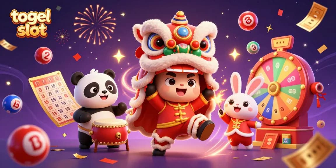 Engage with togel slot action featuring lively characters and dynamic game elements in a festive scene.