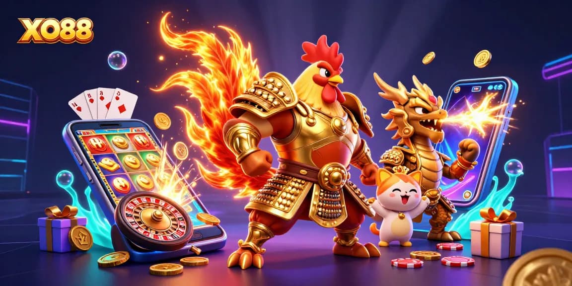 Spin and win with dynamic XO88 gaming featuring a rooster warrior and dragon hatchling!