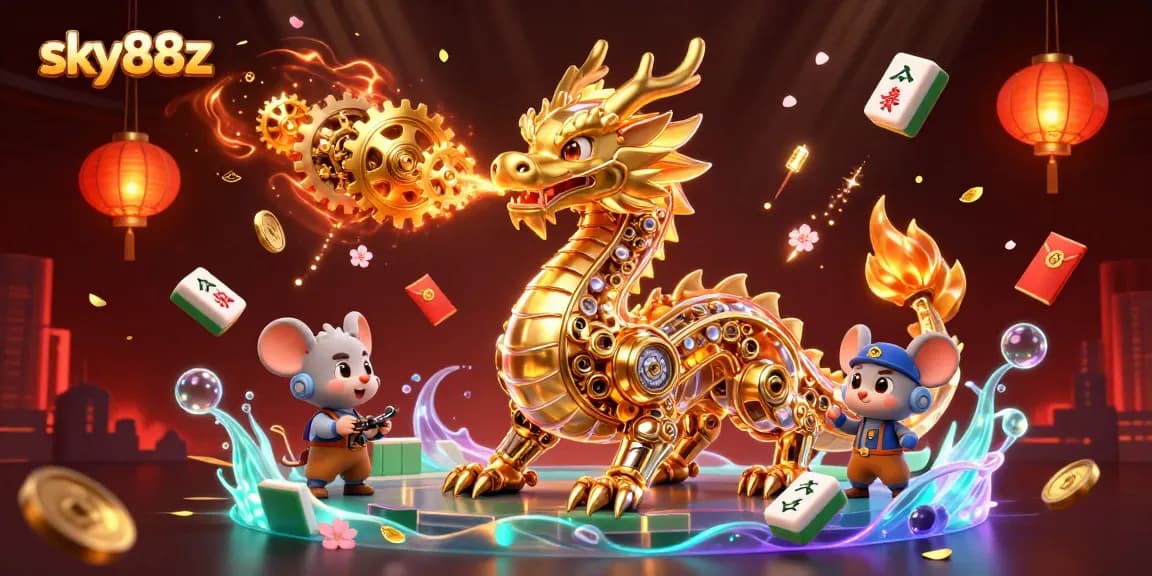 Experience sky88z with a golden dragon and engaging casino elements shining in this vibrant illustration.