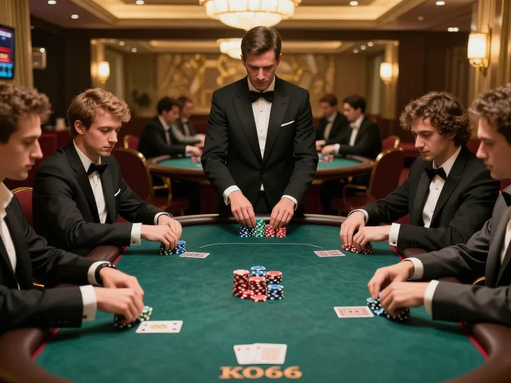 Players strategizing their moves at a high-stakes poker game in KO66 Casino.