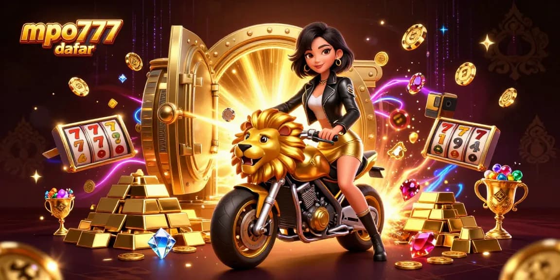 Experience mpo777 daftar with a glamorous woman riding a golden lion in a thrilling casino scene full of riches.