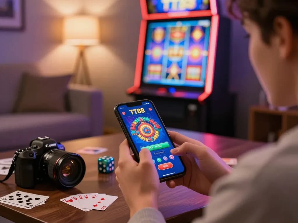 Engaging TT88 online gambling scene showcasing mobile gaming with vibrant slot machine.