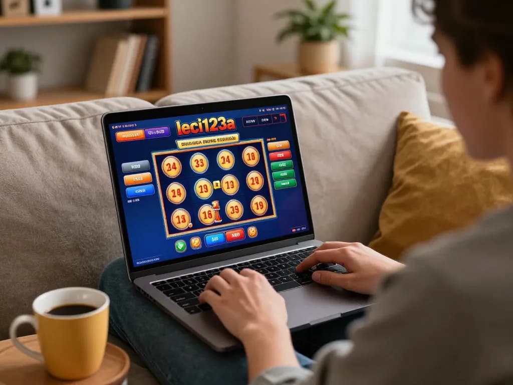 Player engaging in online gambling on leci123a site from a cozy sofa with a coffee.