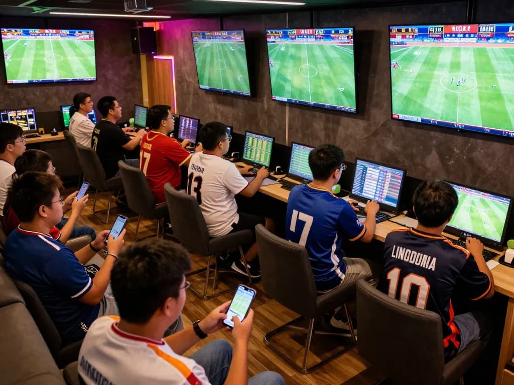 Tỷ Lệ Bóng Đá in action, enthusiastic fans placing bets in a lively sports betting lounge during live matches