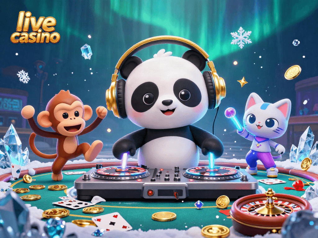 Experience an exhilarating live casino atmosphere with dynamic characters and festive gaming elements.