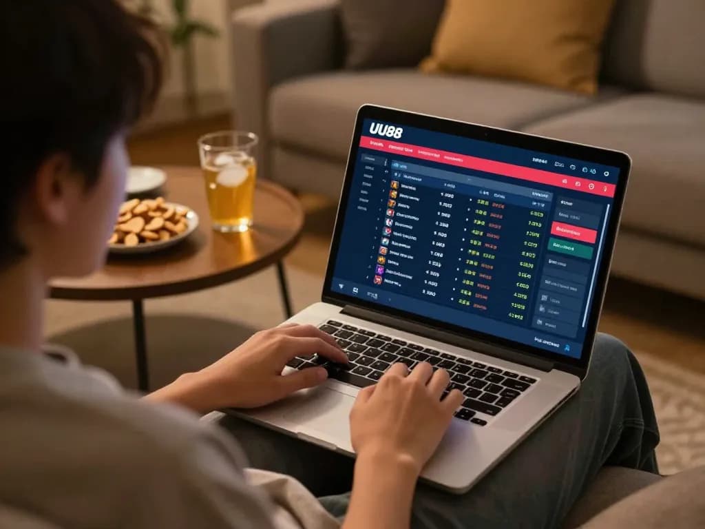 Engaging home betting scene with UU88 on laptop, showcasing online gambling strategy.