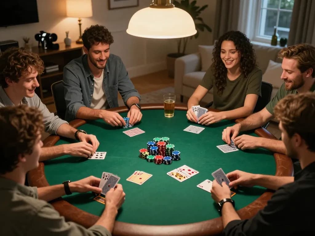 cm88 poker night with friends enjoying a competitive game at home, colorful chips and cards in play