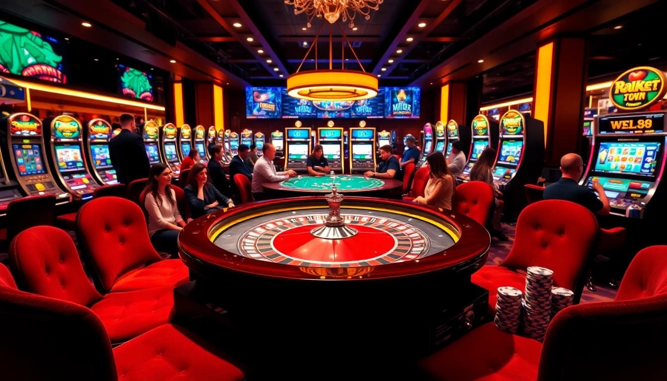Experience the thrill of WW88 casino action with vibrant slot machines and a roulette table.