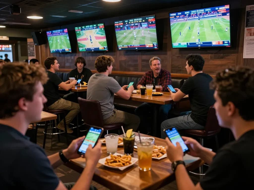Experience the thrill of sports betting at OKFUN with active patrons tracking live games and odds.