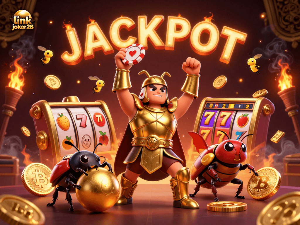 Memenangkan jackpot di link joker28 dengan ilustrasi menarik simbol slot berkilau dalam suasana kasino.