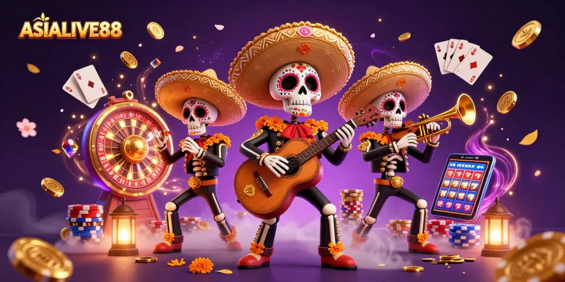 Experience the vibrant world of ASIALIVE88 with a colorful mariachi band, coins, and casino elements.