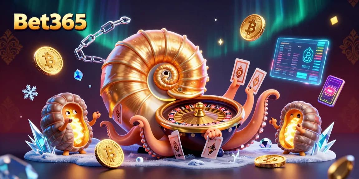 Experience exhilarating gaming at Bet365 with a giant nautilus roulette wheel and vibrant crypto elements.