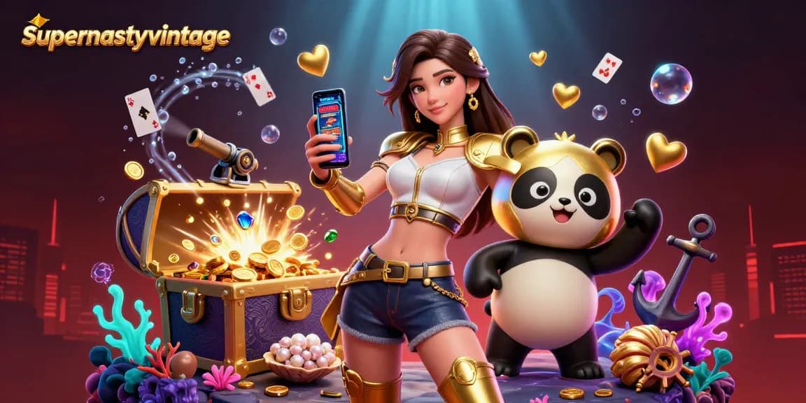 Engage with the supernastyvintage casino adventure featuring an Asian woman and panda mascot in a dynamic game scene.