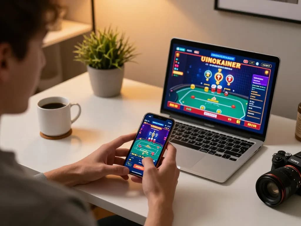 Engaging in exciting online gaming at 388bet on a smartphone amidst a cozy study setting.