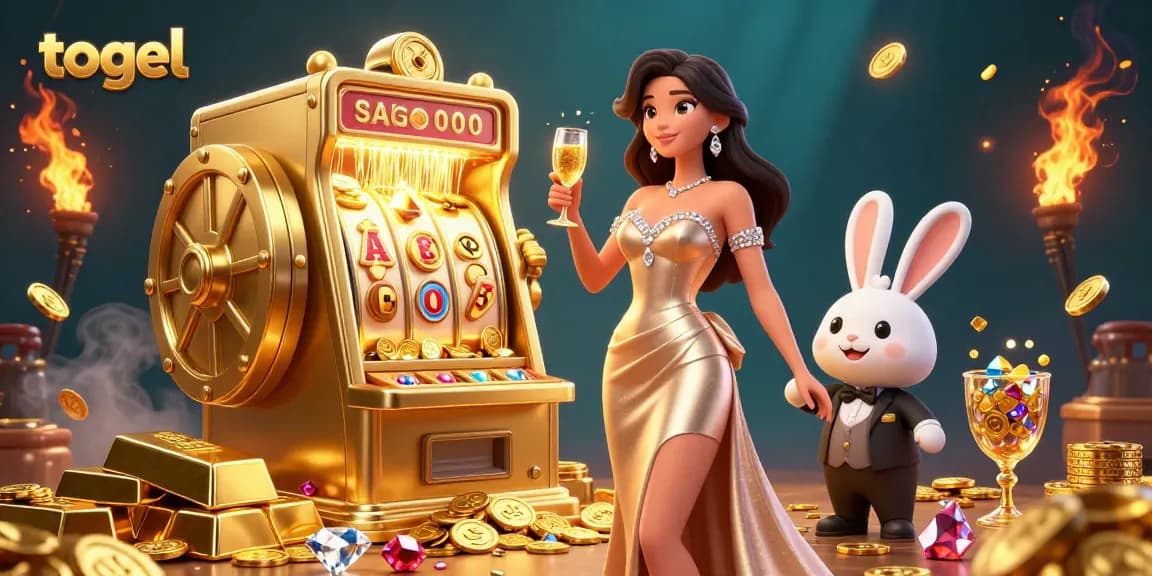 Experience togel action with a glamorous woman toasting beside a jackpot slot machine.