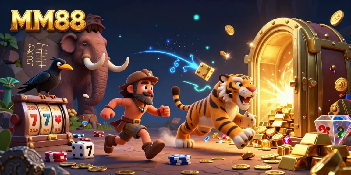 Experience the thrilling world of MM88 with a vibrant prehistoric casino illustration showcasing games, treasures, and excitement.