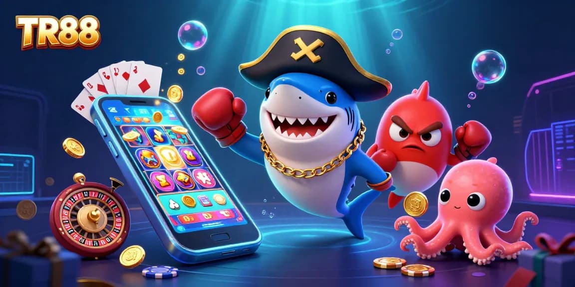 Engage in thrilling TR88 gameplay with a vibrant casino-themed scene featuring a pirate shark, pufferfish, and octopus.