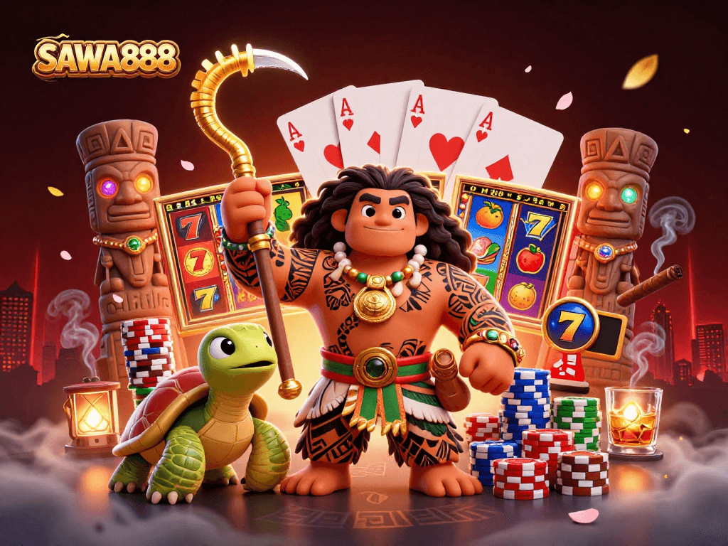 SAWA888 showcases a vibrant 3D illustration of a Polynesian demigod in a casino setting, surrounded by dynamic slot elements.