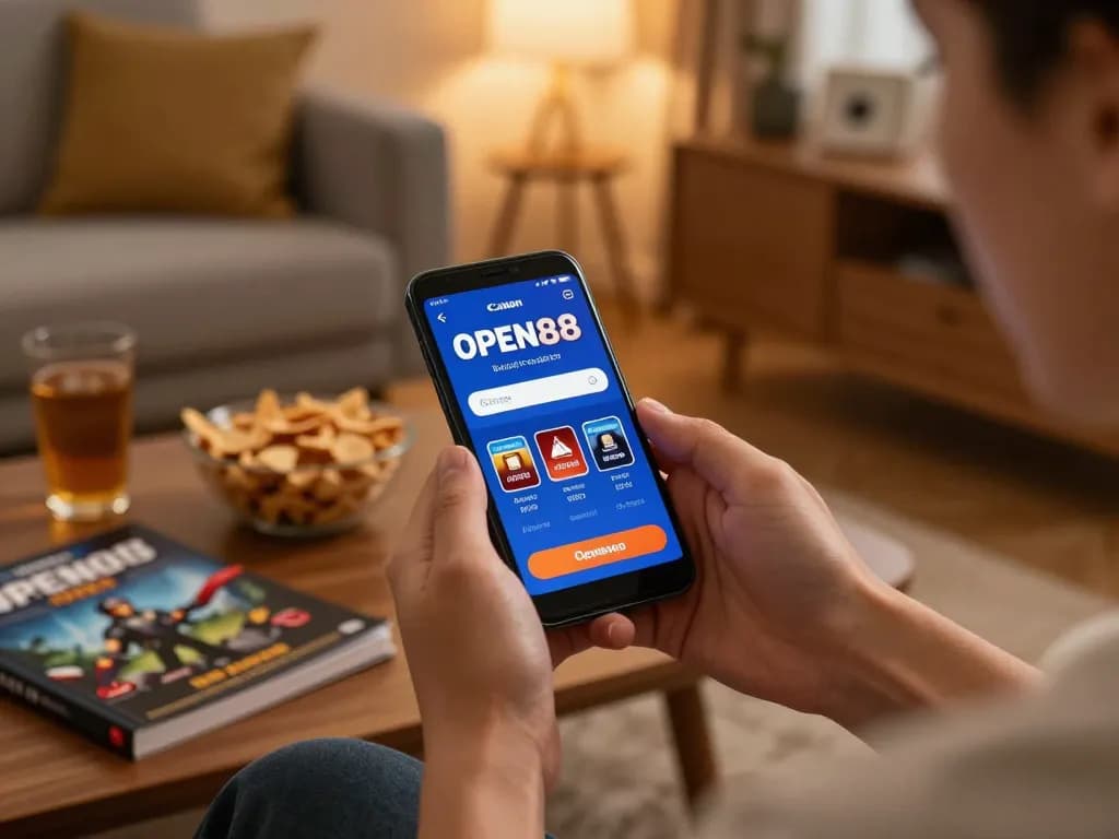 Player enjoying the OPEN88 mobile casino app in a cozy living room, promoting responsible gaming.