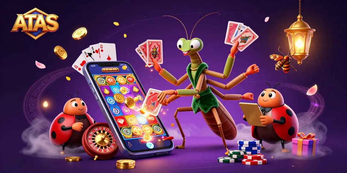 ATAS casino scene featuring a giant praying mantis card sharp, ladybug pit boss, and vibrant game elements for action.