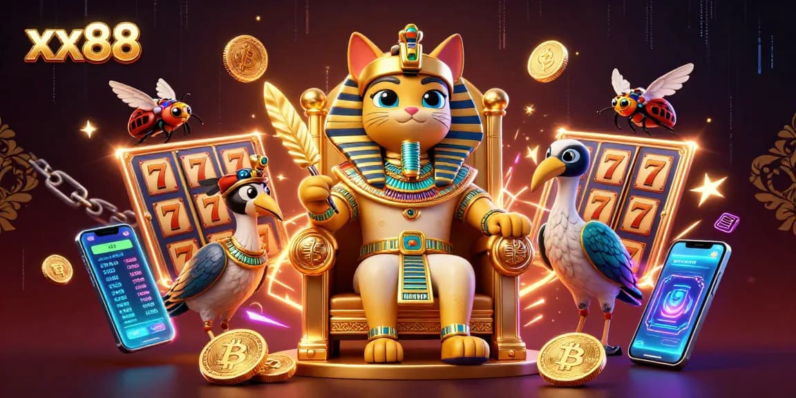 Spin the reels with xx88's dynamic casino experience featuring Egyptian-themed characters and crypto elements.