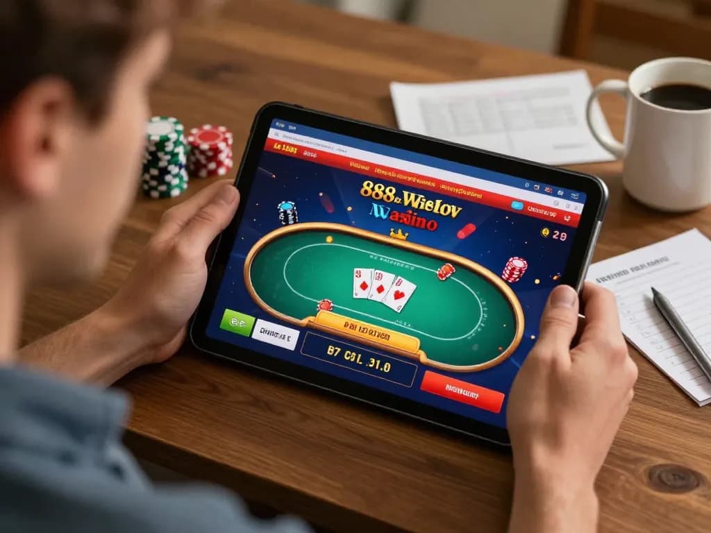 Engaged gambler using tablet to play on 888newcasino com platform, showcasing a dynamic and strategic gaming session.