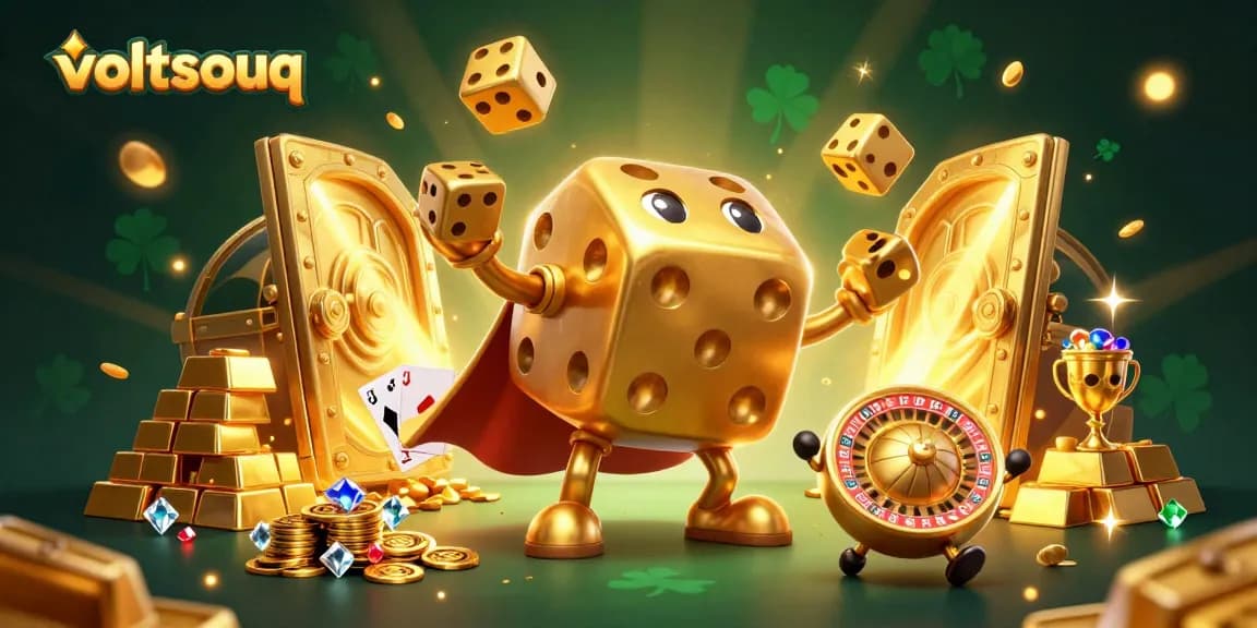 Win big with voltsouq's ultimate casino experience featuring golden dice and vibrant gems.